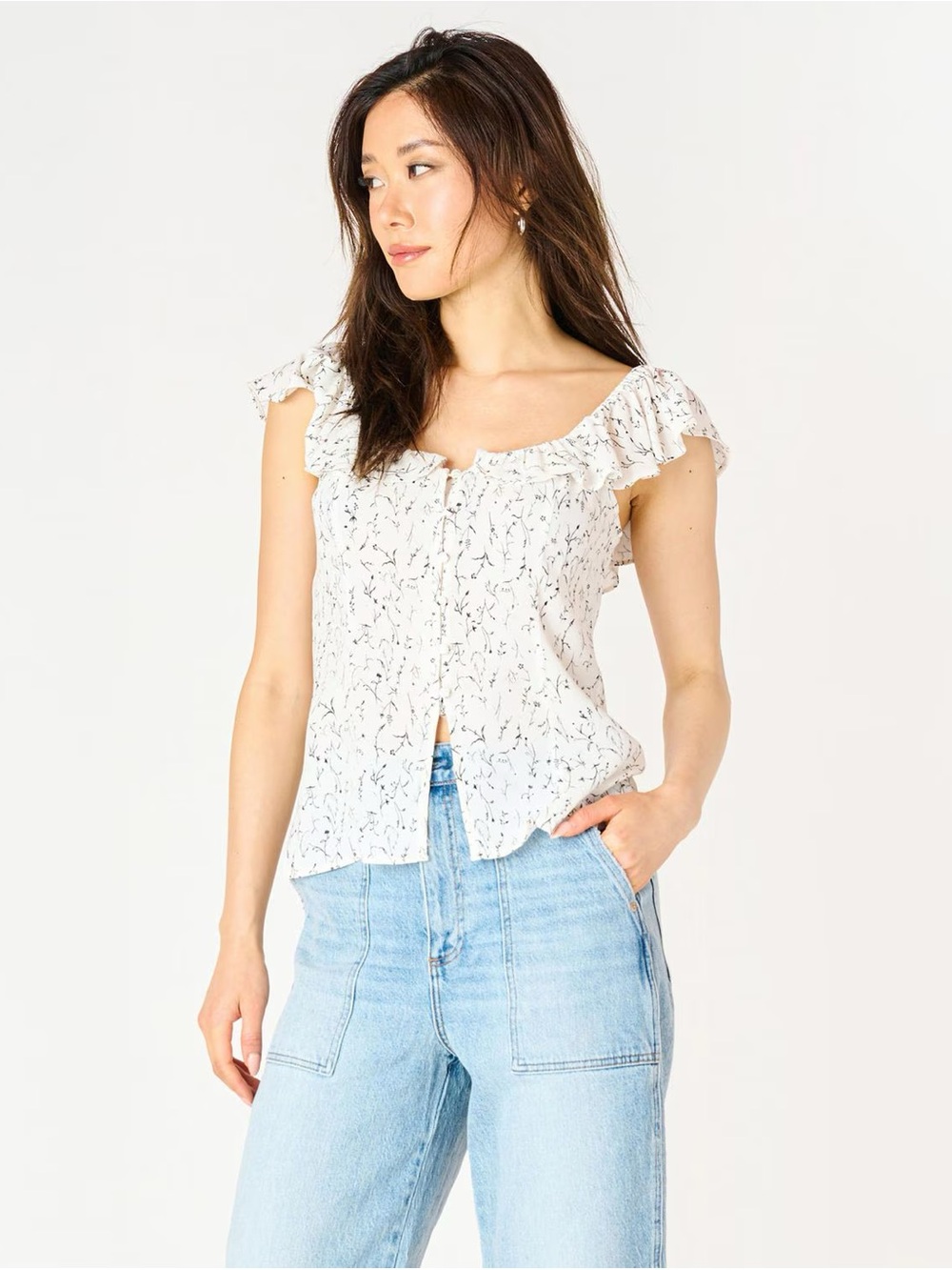 Devoted Floral Print Flutter Strap Top